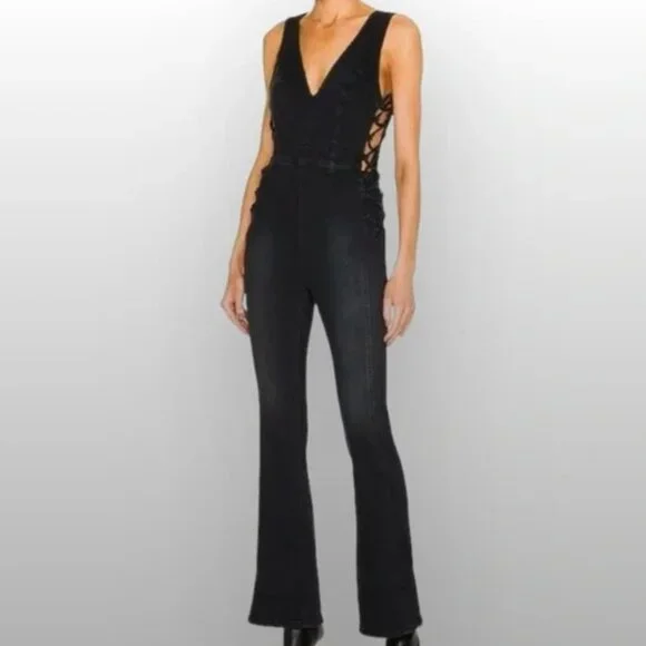 New Free People Geanie Lace-Up Jumpsuit Black Size XL