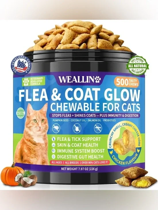 Weallin Flea & Coat Glow Chewable for Cats - Chicken Flavor, Orange