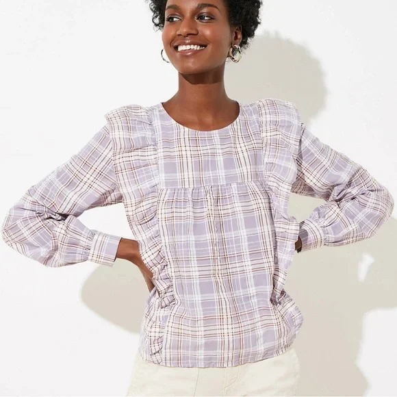 LOFT Lavender Plaid Ruffle Long Sleeve Top NEW NWT Med