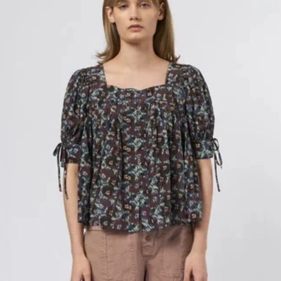 ULLA JOHNSON Lorraine Cobalt Pleated Blouse Floral Silk Top Puff Sleeves Size 6