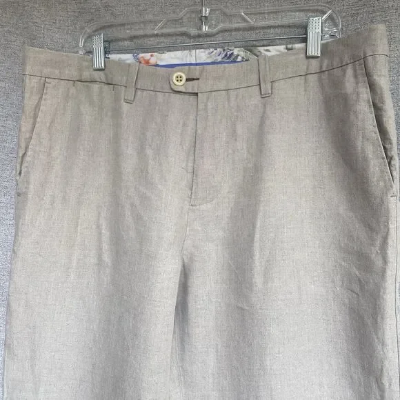 Tommy Bahama Beach Linen Pants Stone Khaki Mens 36x32 Flat Front Pocket Zip
