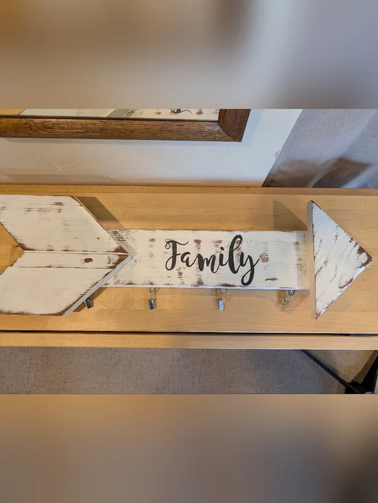 Family Wooden Arrow Design Wall Hook Sign - Rustic White and Brown