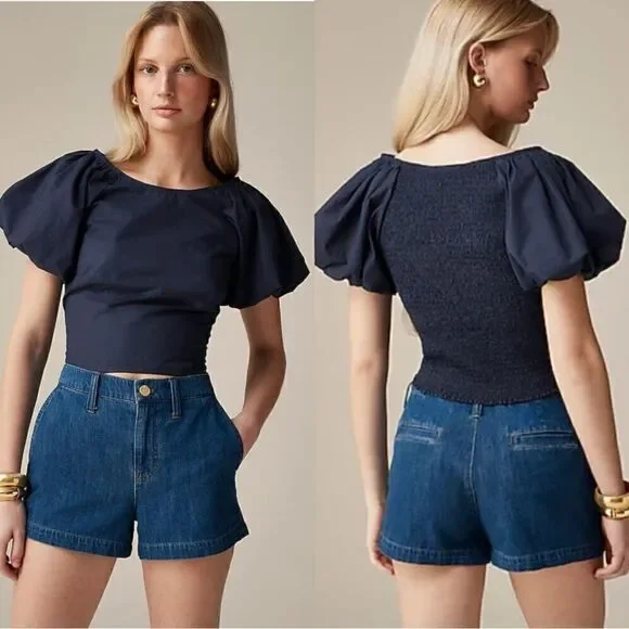 NWT J Crew Puff Sleeve Inez Fitted Top in Navy blue