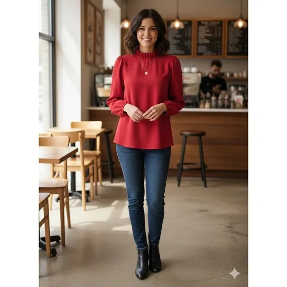 J. Crew Red Ruffle Neck‎ Puffed Sleeve Blouse Women's Size S