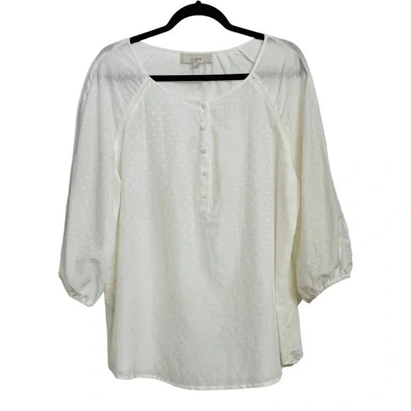 LOFT Swiss Dot Puff Sleeve Henley Blouse NWT Ivory Feminine Romantic Chic Top