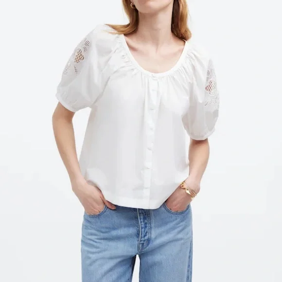 Madewell Embroidered Puff-Sleeve A-Line Top | White | Size L