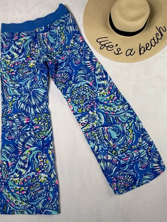 Yoga Waist Blue Floral Shell Print Wide Leg Lilly Pulitzer Lounge Bottom Size XS