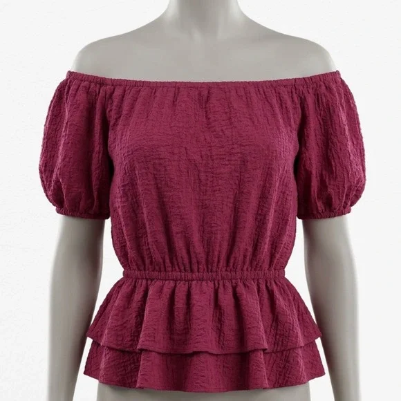 Free People Magenta Pink Off The Shoulder Peplum Blouse Smocked Textured Top M