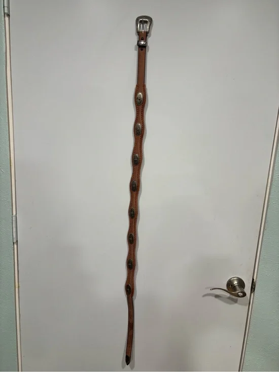 Brown Leather Belt with Silver Conches, never worn. 42”