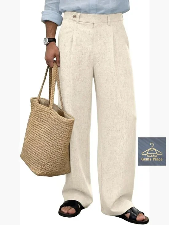 Baggy Pleated Wide Leg Dress Pants Linen Blend Relaxed Fit Trousers