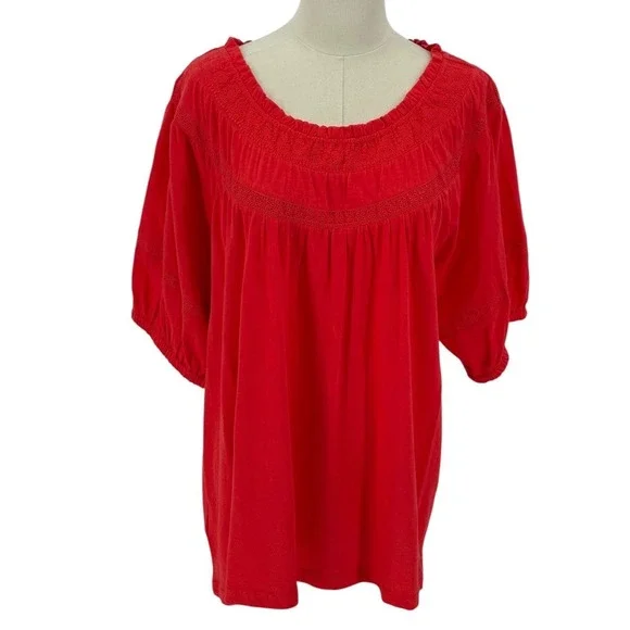 LOFT Red‎ Embroidered Smocked Neck Top Women's XL Made in India