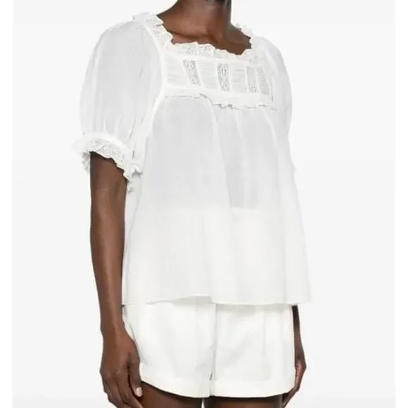 Doen Women's White Lace-Detailed Puff-Sleeve Blouse Large - Retail $503.00