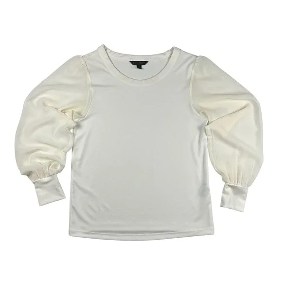Banana Republic Women White Crepe Mixed Media Puff Sleeve Top XS Snow Day