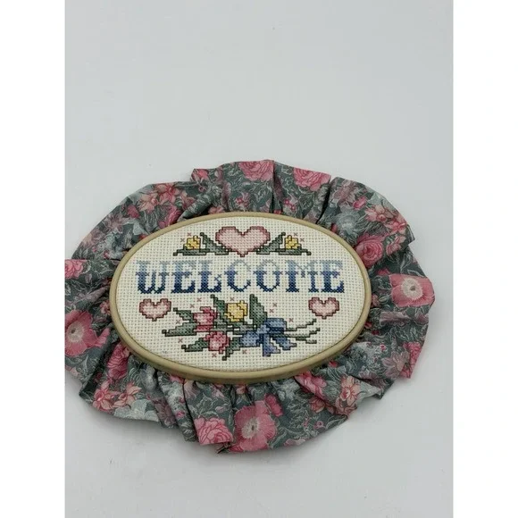 Hand Embroidered Welcome Oval Hoop Laced Edges Counted Cross Stitch Needlepoint