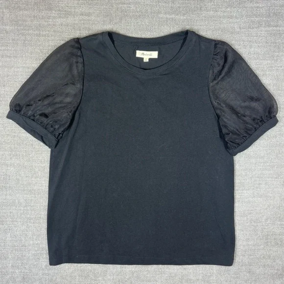 Madewell Black Sheer Mesh Puff Sleeve Knit Top Crew Neck Small