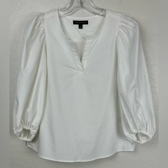 Banana Republic White 3/4 Puff Sleeve Split Neck Blouse Top XS 0741