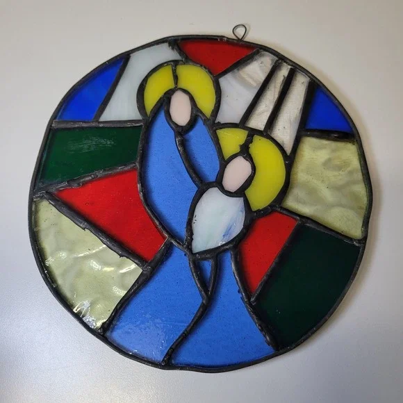 Round Stained Glass‎ Nativity Scene Wall Hanging Decor Sun Catcher Religious Art