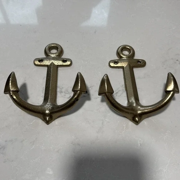 Brass Gold Anchor Hooks Set of 2 Heavy Quality Nautical Wall Hooks- No Screws