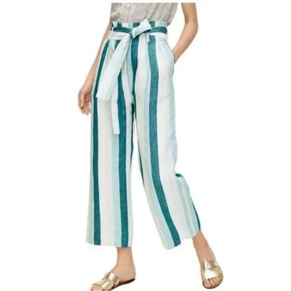 J.CREW Paper Bag Linen Pant In Cabana Stripe Women's Size10 Turquoise Jade White