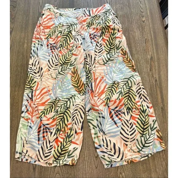 Tahari Womens Linen Pants Wide Leg Tropical Leaf Print Multicolor Plus Size 1X