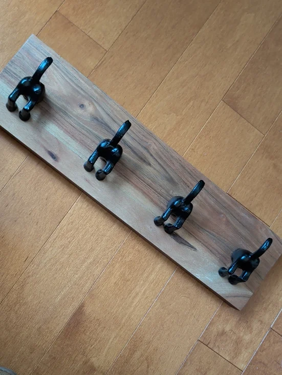 Wall-Mounted Wood Coat Rack with Black Metal Hooks