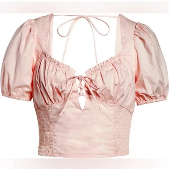 ASTR Blush Pink Puff Sleeve Crop Top Puff Sleeve Smocked Poplin Blouse preppy‎ S