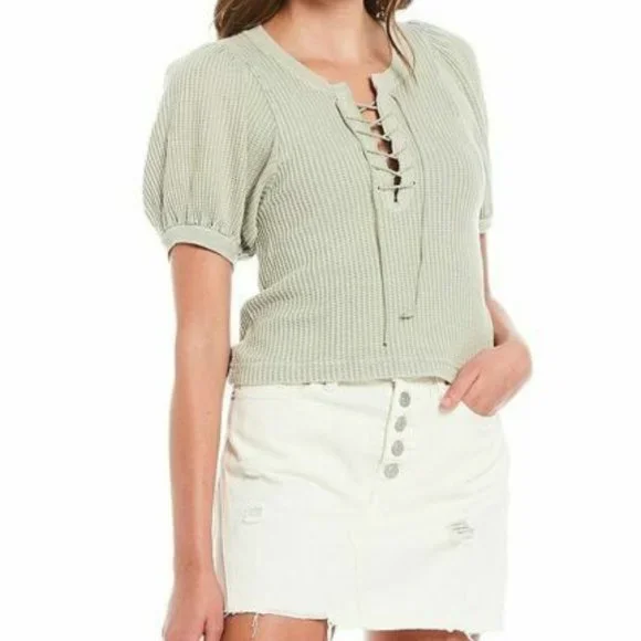 Free People FP One Hayden Thermal Waffle Knit Puff Sleeve Top M NEW