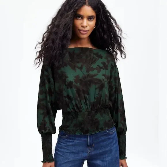 Madewell Forest Green Leafy Botanical Print Smocked Top XS Long Sleeve Boho NWT