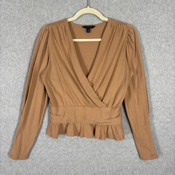 Banana Republic Womens Camel Tan Surplice Peplum Puff‎ Sleeve Top