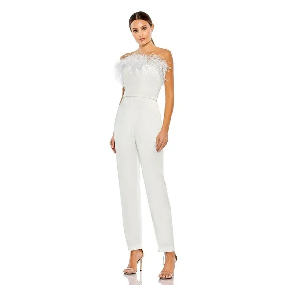 Mac Duggal Feather Trim Strapless Jumpsuit Black Size 4 NWT