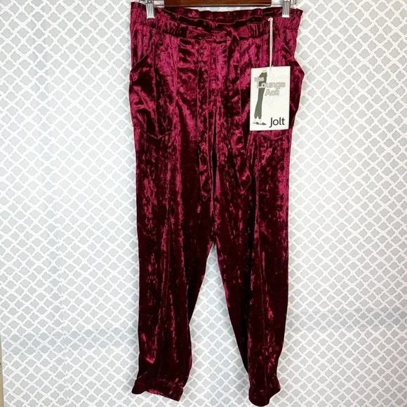 NWT Jolt The Lounge Act Burgundy Velour Belted Joggers Pant