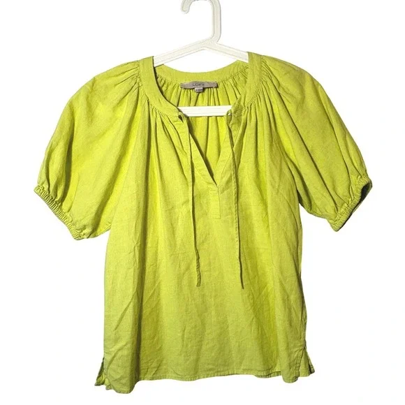 LOFT Lemon Lime Linen Blend Puff Sleeve Blouse Split Neck Tie Top XS