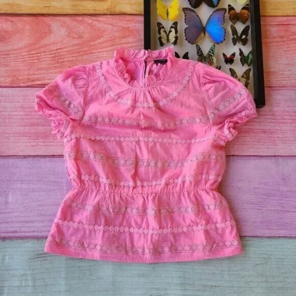 J. Crew Bright Pink Daisy Chain Lace Trim Puff Sleeve Peplum Top Small Modest‎