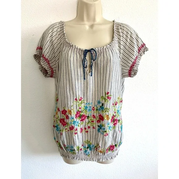 Johnny Was Embroidered Stripe Top S Puff Sleeve Smocked J3 Workshop Boho Cotton