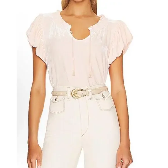 Free People Teresa Velvet XL Light Pink Ruffled Peasant Puff Sleeve Top Boho
