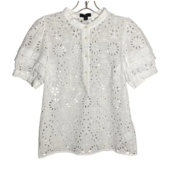 J.Crew White Floral Eyelet‎ Puff Sleeve Button Blouse XS Cottagecore Feminine