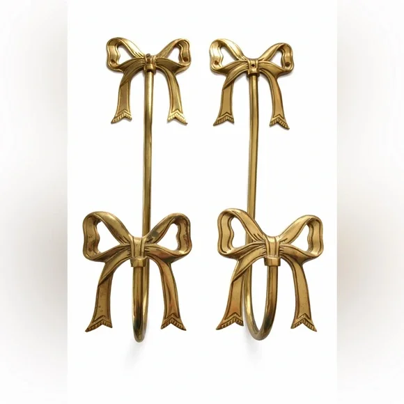 Vintage Solid Brass Ribbon Curtain Tieback Hollywood Regency Double Bow Hook