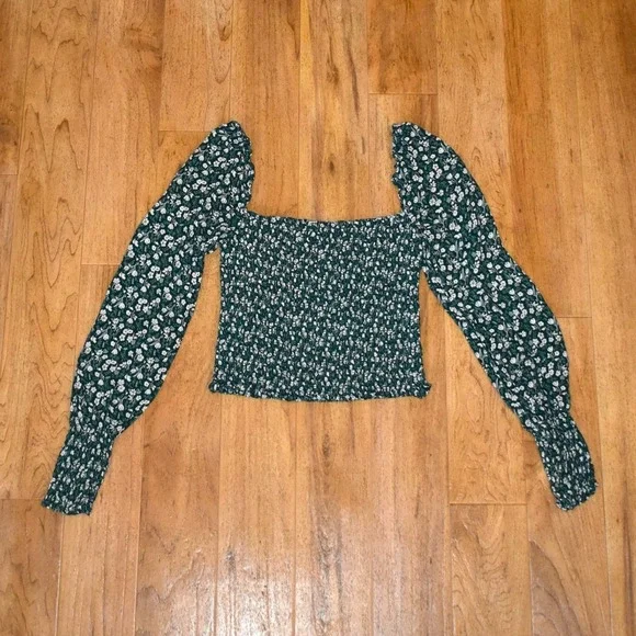 Reformation Smocked Floral Top Womens XS Green Excellent Puff Sleeve Square Neck