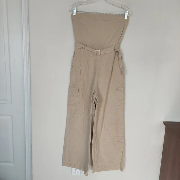 Sim&Sam Linen‎ Cotton Blend Belted Wide Leg Cargo Strapless Jumpsuit Size Large