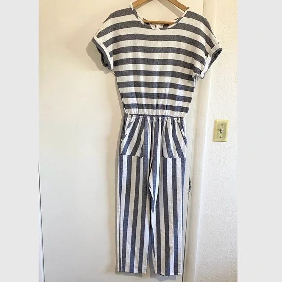 Orange Creek Women's Striped Perfection Jumpsuit Navy White Medium USA Cotton