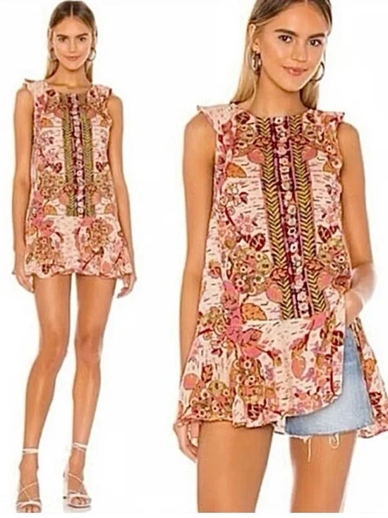 Free People Pink Floral Summer In Tulum Ruffle Mini Dress Linen Tie Back Size S