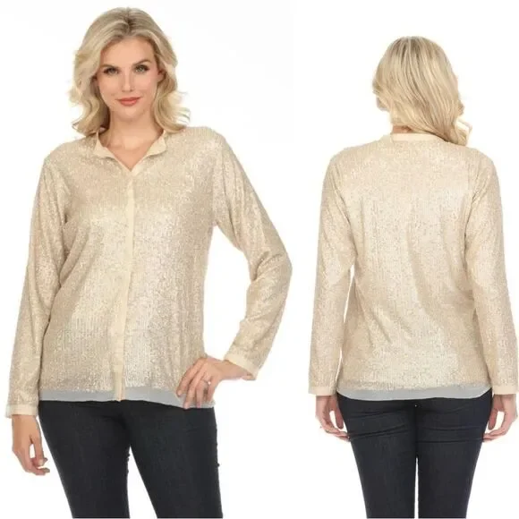 Johnny Was Grace Cream Shirt Blouse Sequin Button Down Long Sleeve Size S