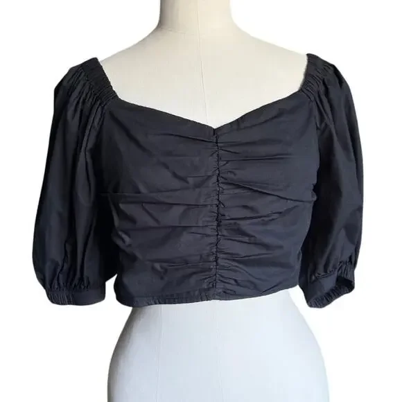 Abercrombie & Fitch Ruched Sweetheart Top Black Size M Puff Sleeve Cropped 464