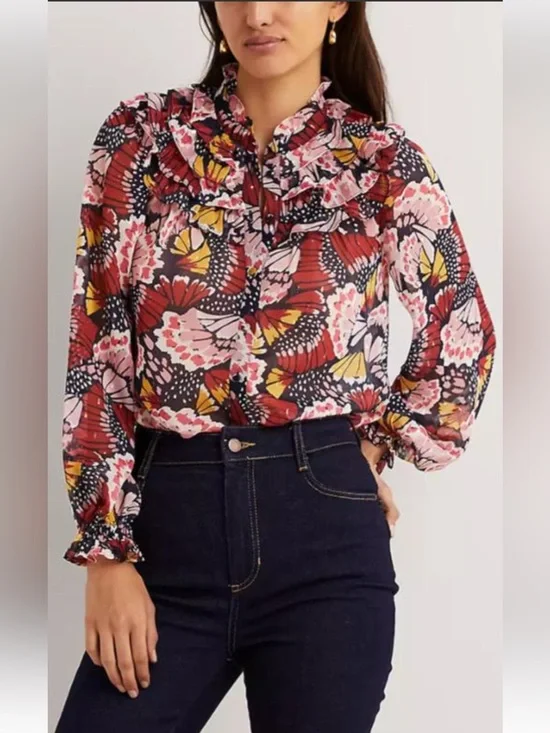 Boden Multi Floral Ruffle-Neck Blouse