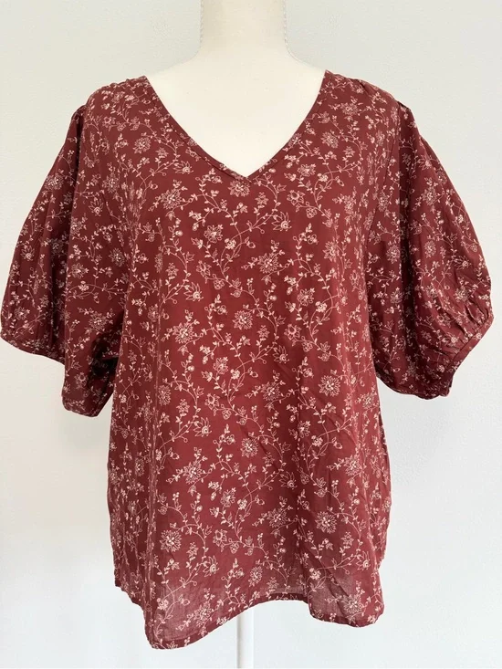 NWT Madewell V-Neck Puff Sleeve Top Batik Vine Weathered Brick Size Large