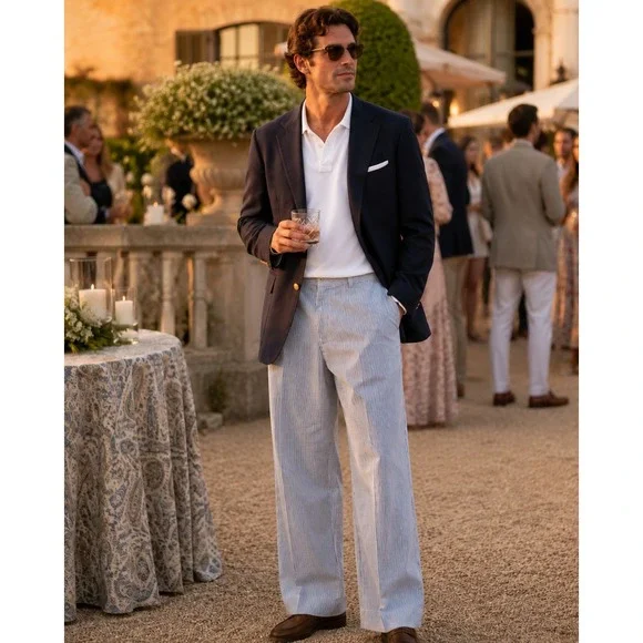 Mens Polo Lauren Blue White Seersucker Striped Cotton Pants 36x30 Preppy Summer