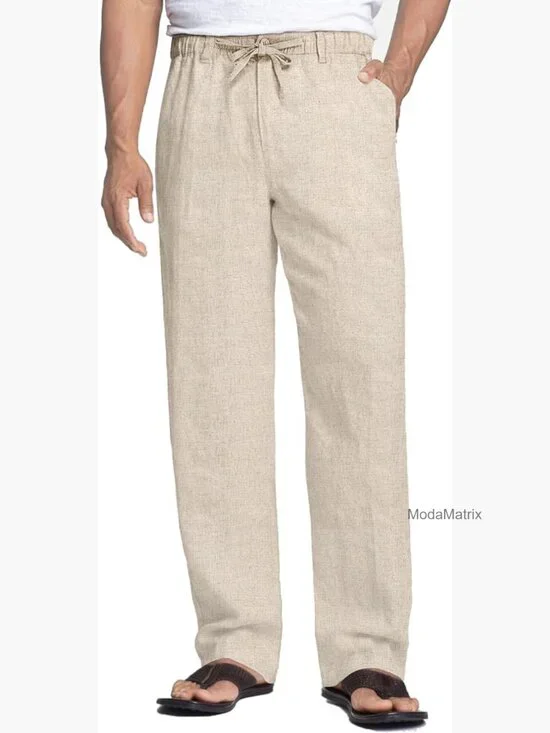 Men's Linen Pants Elastic Waist Drawstring Casual Summer Lightweight Trousers