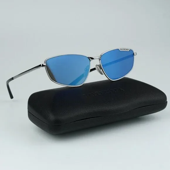 NEW Balenciaga BB0277S 003 Ruthenium Blue Mirrored Geometric Unisex Sunglasses