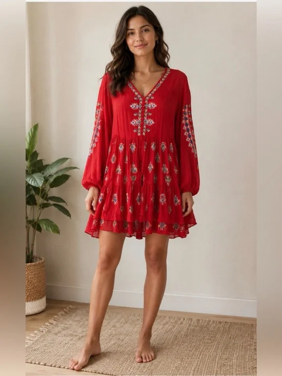 Free People Red Embroidered V-Neck Long Sleeve Mini Dress