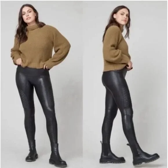 EUC SPANX BLACK MOTO FAUX LEATHER LEGGINGS SIZE LARGE